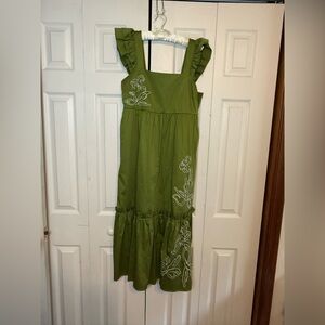 CROSBY by Mollie Burch Olive Dress‎ with White Embroidery
